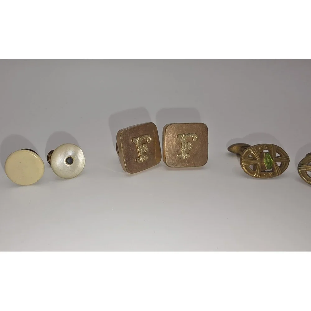 Vintage Gold Toned Cuff links Filigreen Green Glass Lot Monogram F